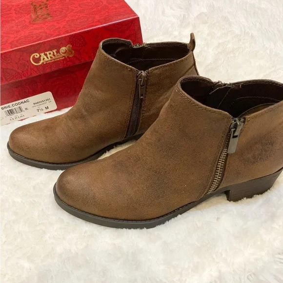 Brown Boots Carlos Santana Booties Vegan Leather Zipper Ankle Booties 7 - 7.5 - Picture 1 of 12